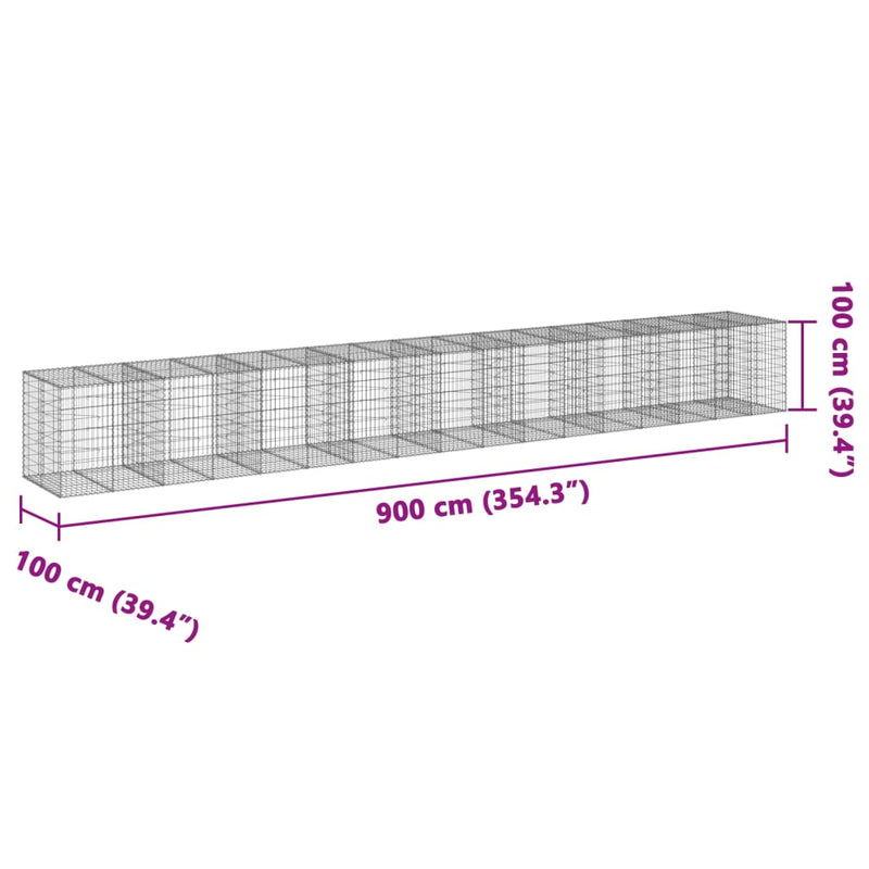 vidaXL horganyzott vas gabion kosár fedéllel 900 x 100 x 100 cm