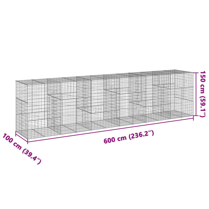 vidaXL horganyzott vas gabion kosár fedéllel 600 x 100 x 150 cm