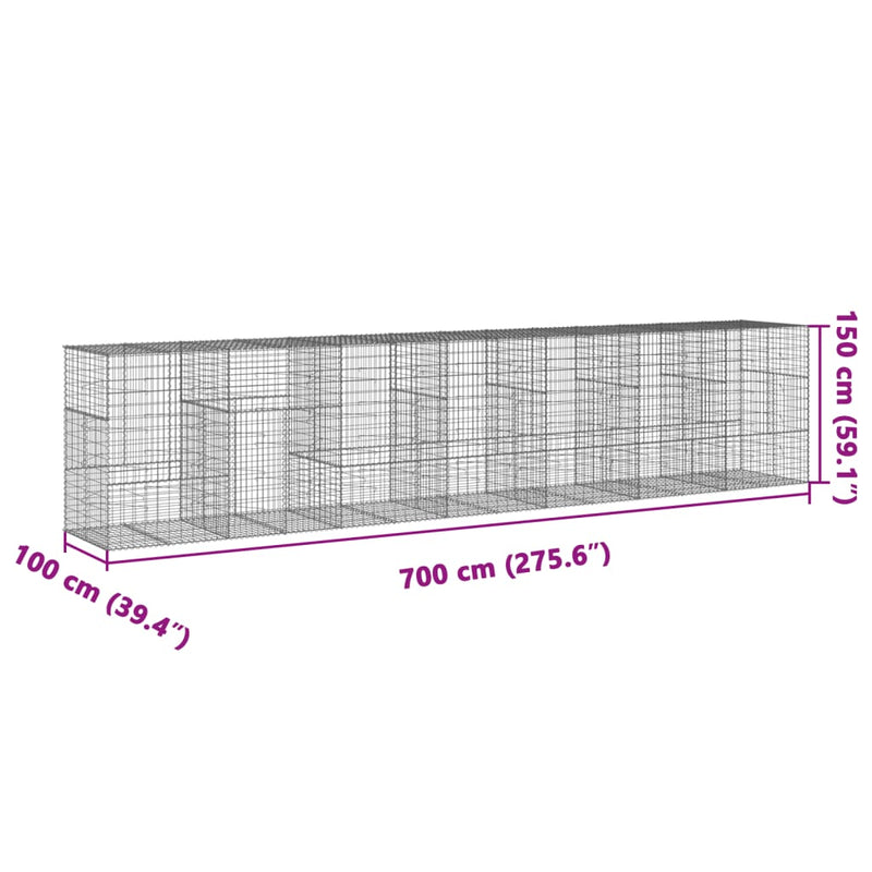 vidaXL horganyzott vas gabion kosár fedéllel 700 x 100 x 150 cm