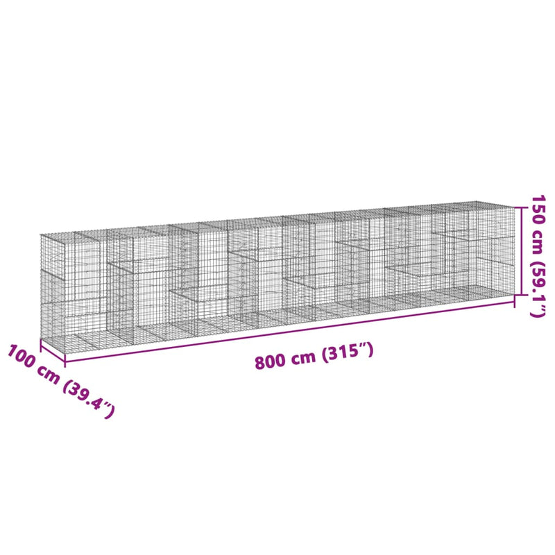 vidaXL horganyzott vas gabion kosár fedéllel 800 x 100 x 150 cm