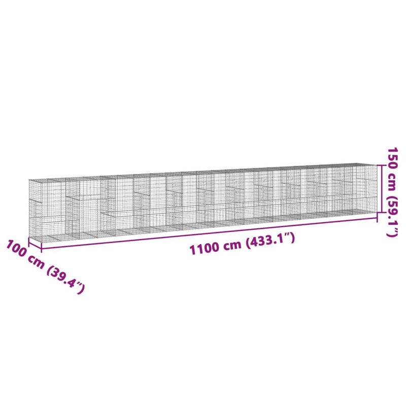 vidaXL horganyzott vas gabion kosár fedéllel 1100 x 100 x 150 cm