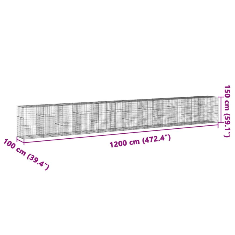 vidaXL horganyzott vas gabion kosár fedéllel 1200 x 100 x 150 cm