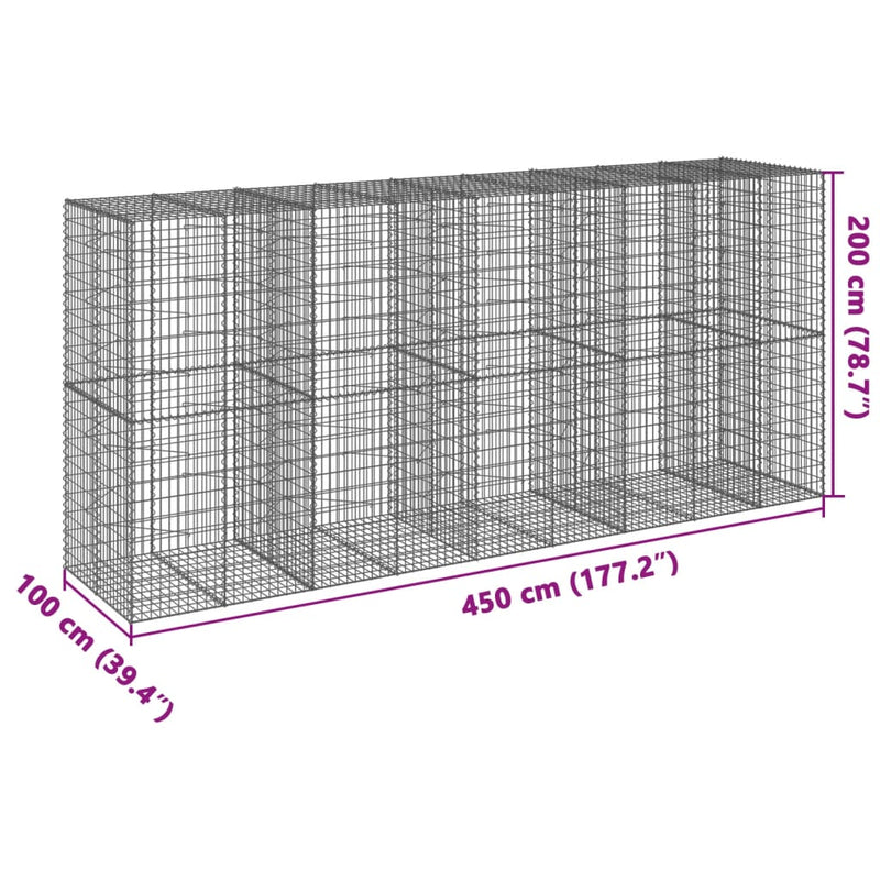 vidaXL horganyzott vas gabion kosár fedéllel 450 x 100 x 200 cm