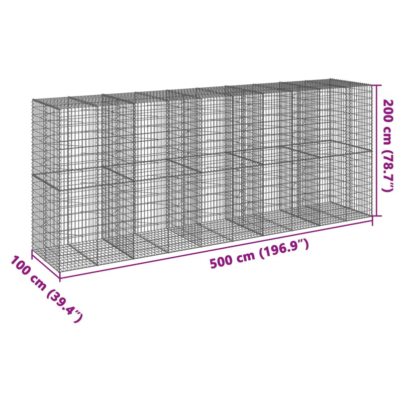 vidaXL horganyzott vas gabion kosár fedéllel 500 x 100 x 200 cm