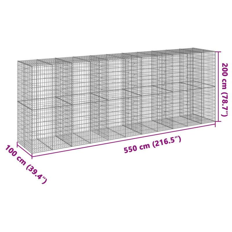 vidaXL horganyzott vas gabion kosár fedéllel 550 x 100 x 200 cm