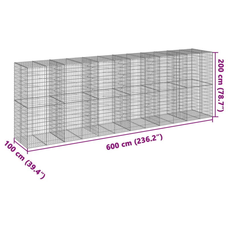 vidaXL horganyzott vas gabion kosár fedéllel 600 x 100 x 200 cm