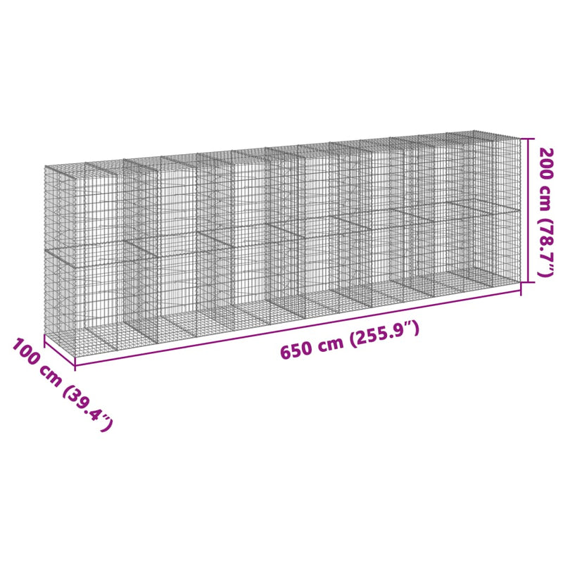 vidaXL horganyzott vas gabion kosár fedéllel 650 x 100 x 200 cm