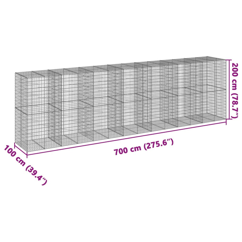 vidaXL horganyzott vas gabion kosár fedéllel 700 x 100 x 200 cm