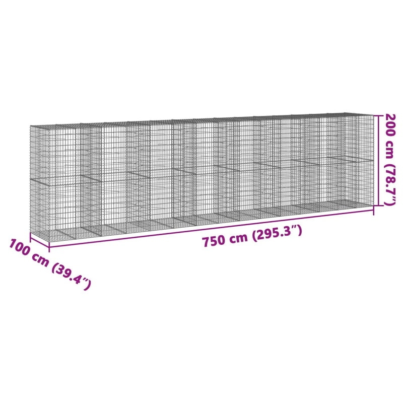 vidaXL horganyzott vas gabion kosár fedéllel 750 x 100 x 200 cm