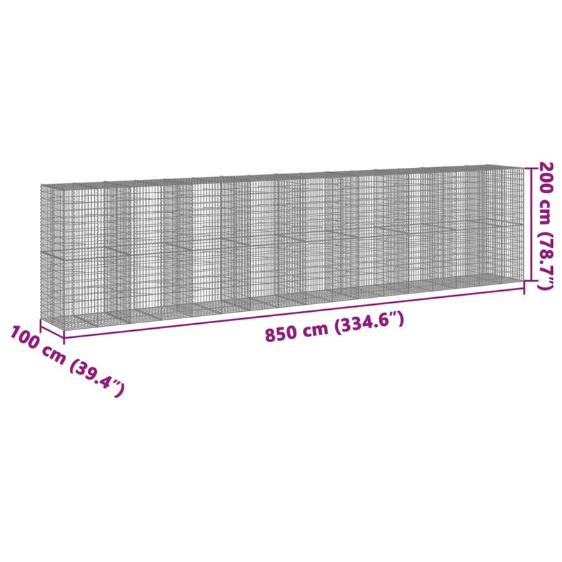 vidaXL horganyzott vas gabion kosár fedéllel 850 x 100 x 200 cm