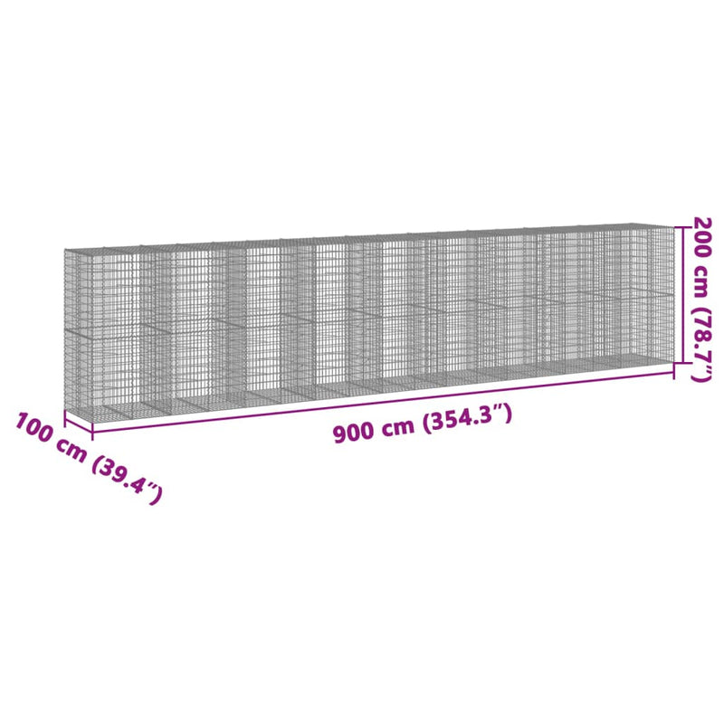 vidaXL horganyzott vas gabion kosár fedéllel 900 x 100 x 200 cm