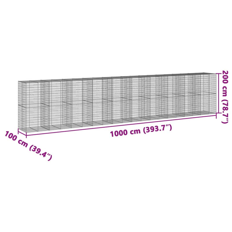 vidaXL horganyzott vas gabion kosár fedéllel 1000 x 100 x 200 cm