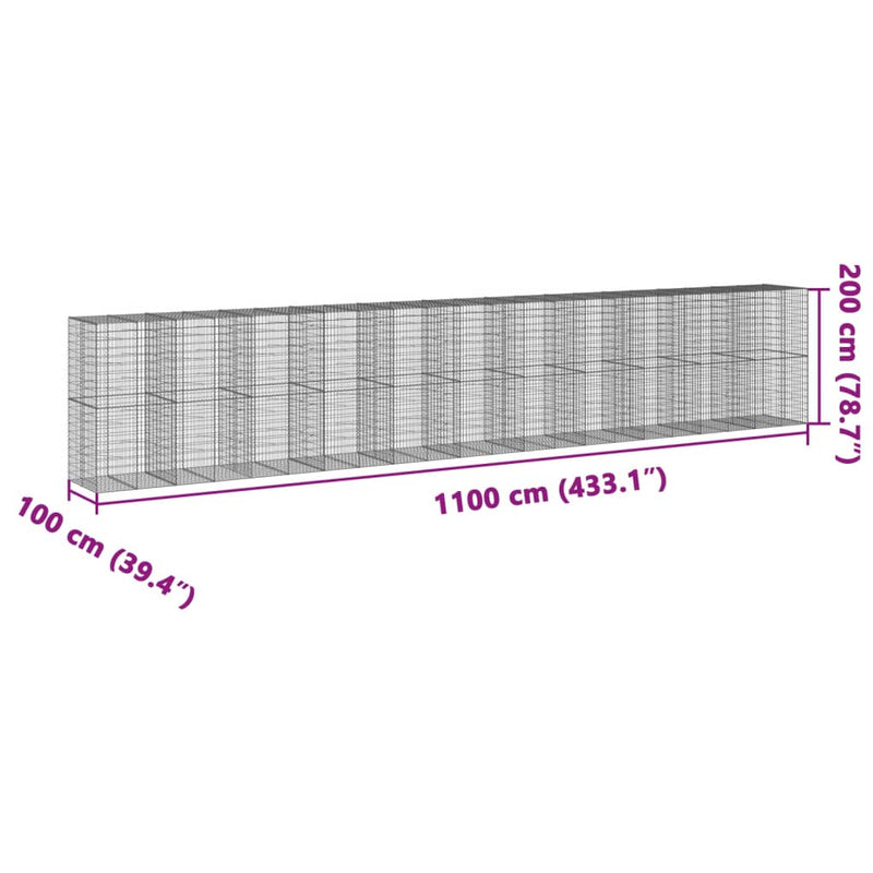 vidaXL horganyzott vas gabion kosár fedéllel 1100 x 100 x 200 cm