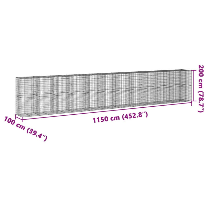 vidaXL horganyzott vas gabion kosár fedéllel 1150 x 100 x 200 cm