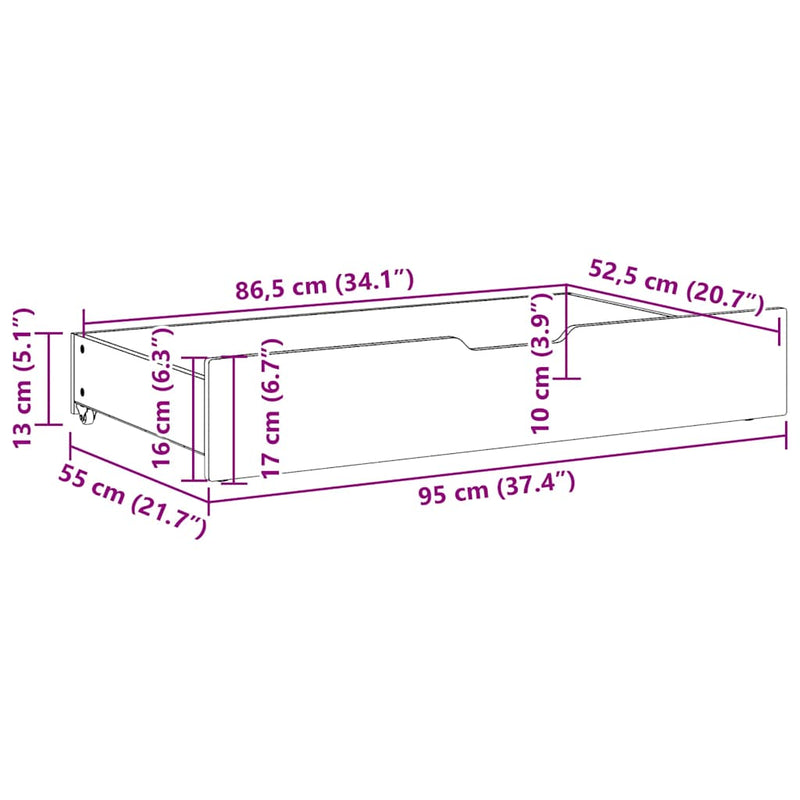 vidaXL 2 db tömör fenyőfa ágy alatti fiók kerékkel 95 x 55 x 17 cm