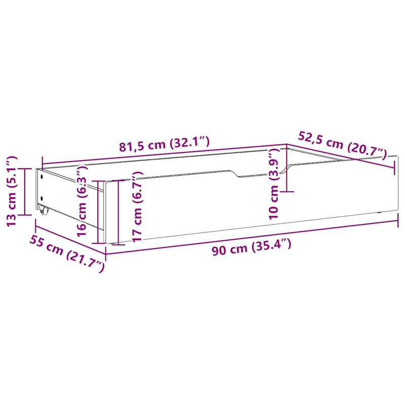 vidaXL 2 db fehér tömör fenyőfa ágy alatti fiók 90 x 55 x 17 cm