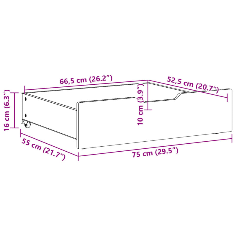 vidaXL 2 db tömör fenyőfa ágy alatti fiók kerekekkel 75 x 55 x 16 cm