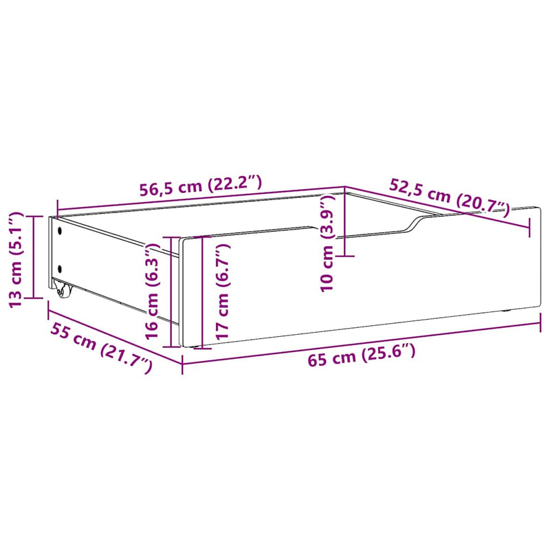 vidaXL 2 db tömör fenyőfa ágy alatti fiók kerekekkel 65 x 55 x 17 cm