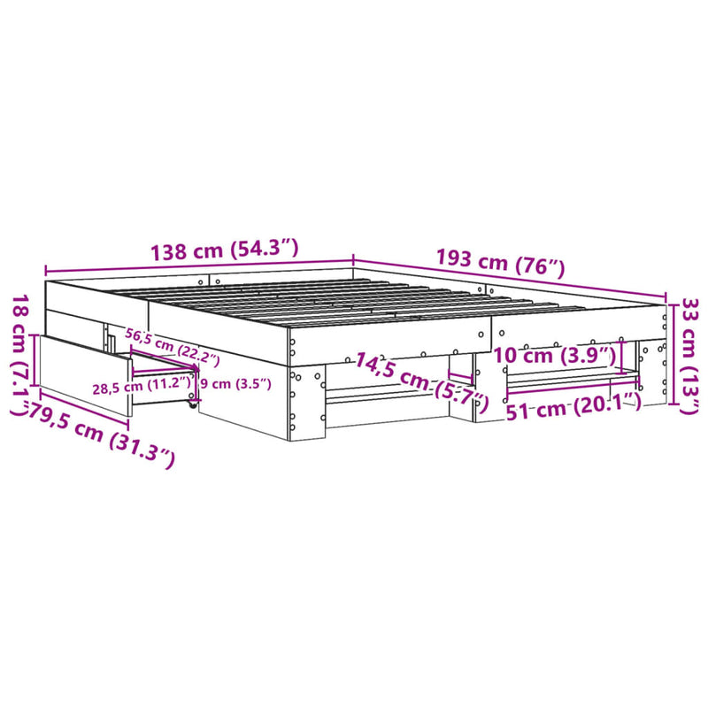 vidaXL barna tölgyszínű szerelt fa ágykeret 135 x 190 cm