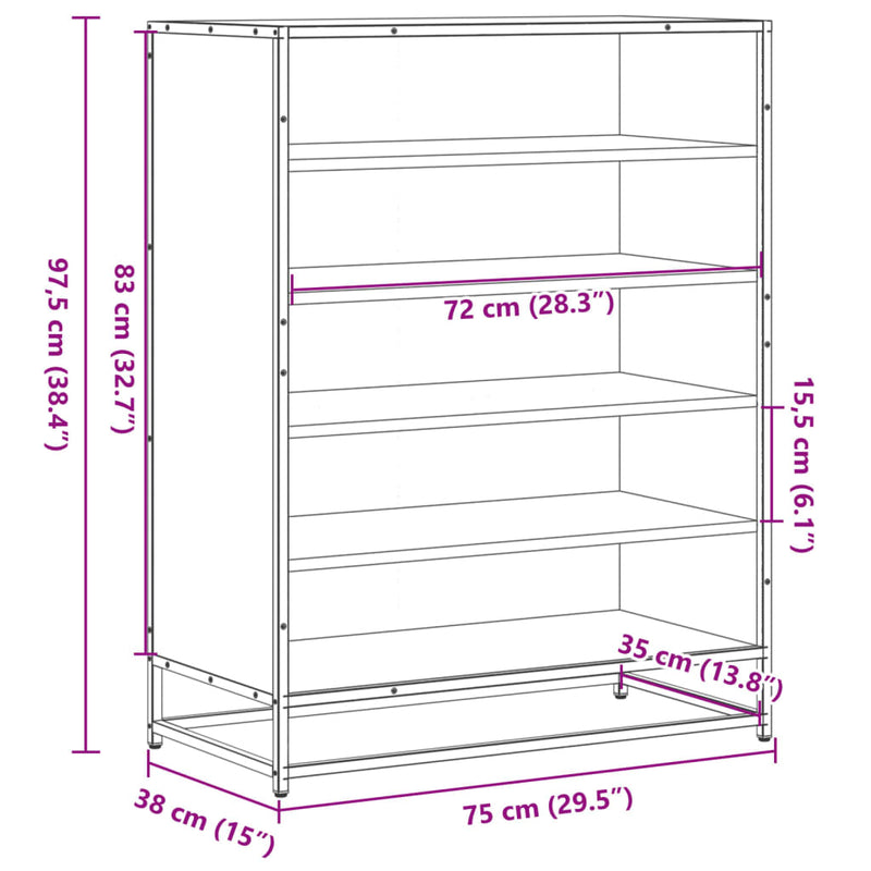 vidaXL fekete szerelt fa és fém cipőszekrény 75 x 38 x 97,5 cm