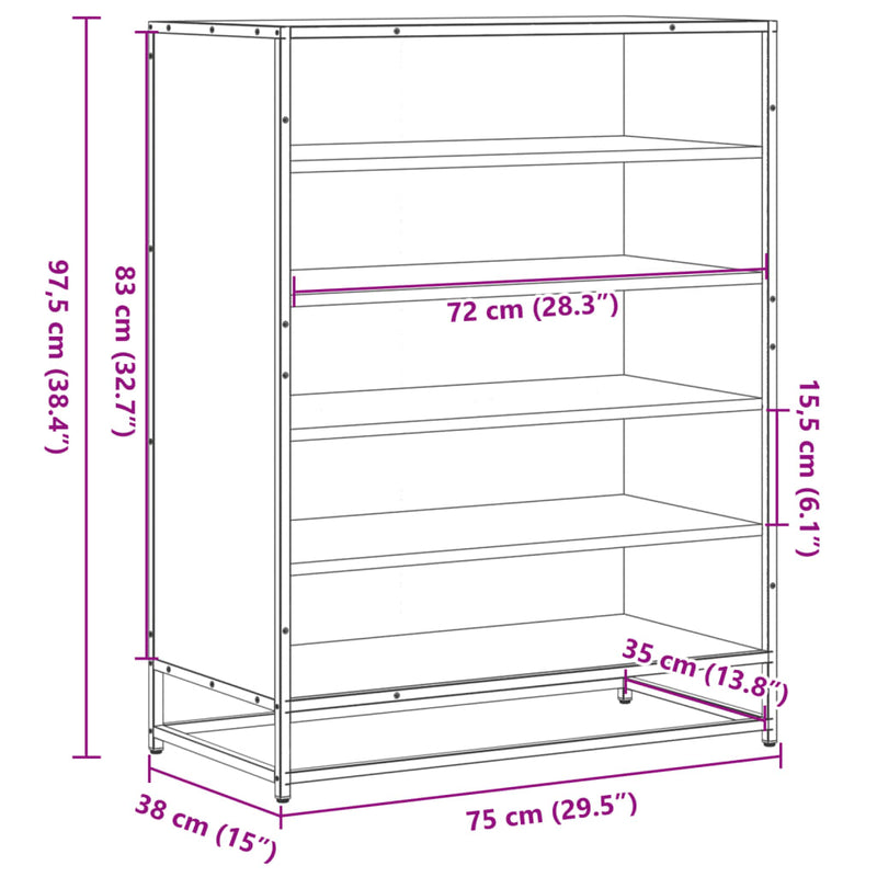 vidaXL füstös tölgy színű szerelt fa és fém cipőszekrény 75x38x97,5 cm