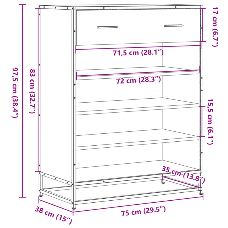 vidaXL fekete szerelt fa és fém cipőszekrény 75 x 38 x 97,5 cm