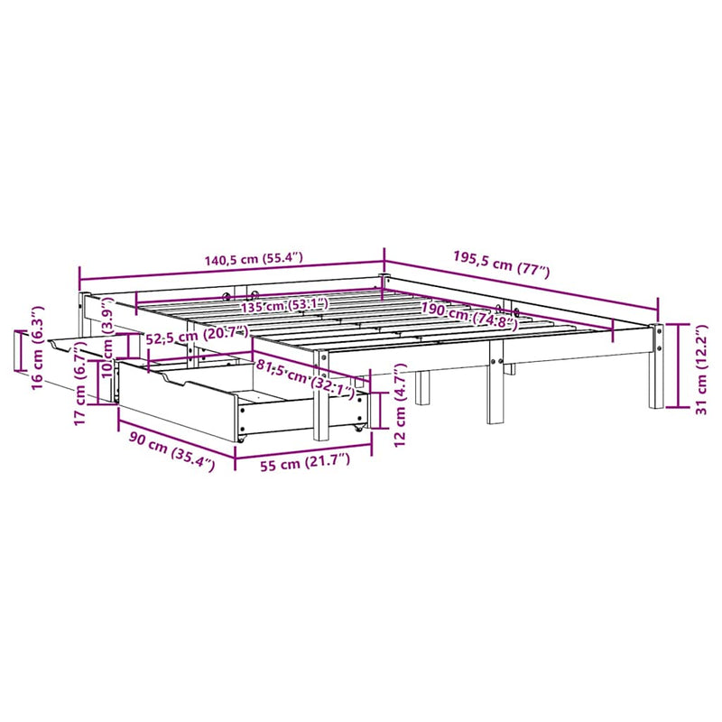 vidaXL fehér tömör fenyőfa ágy matrac nélkül 135 x 190 cm