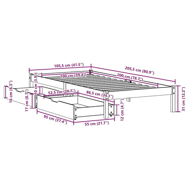 vidaXL tömör fenyőfa ágy matrac nélkül 100 x 200 cm