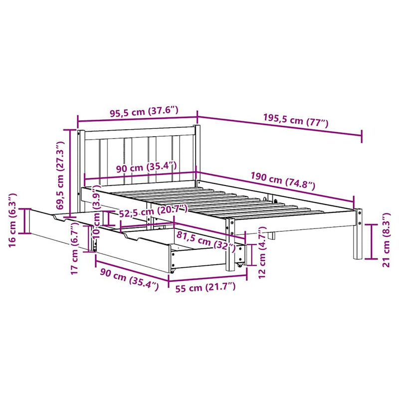 vidaXL fehér tömör fenyőfa ágykeret matrac nélkül 90 x 190 cm