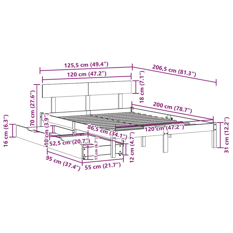 vidaXL tömör fenyőfa ágykeret ágy matrac nélkül 120 x 200 cm