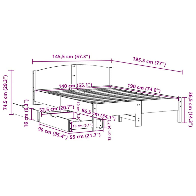 vidaXL fehér tömör fenyőfa ágy matrac nélkül 140x190 cm