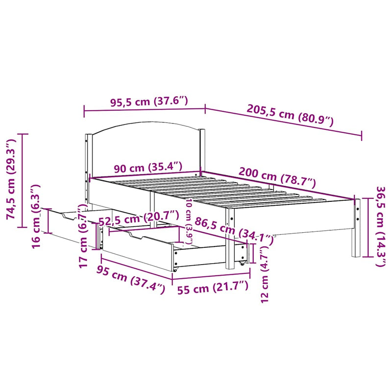 vidaXL tömör fenyőfa ágy matrac nélkül 90 x 200 cm