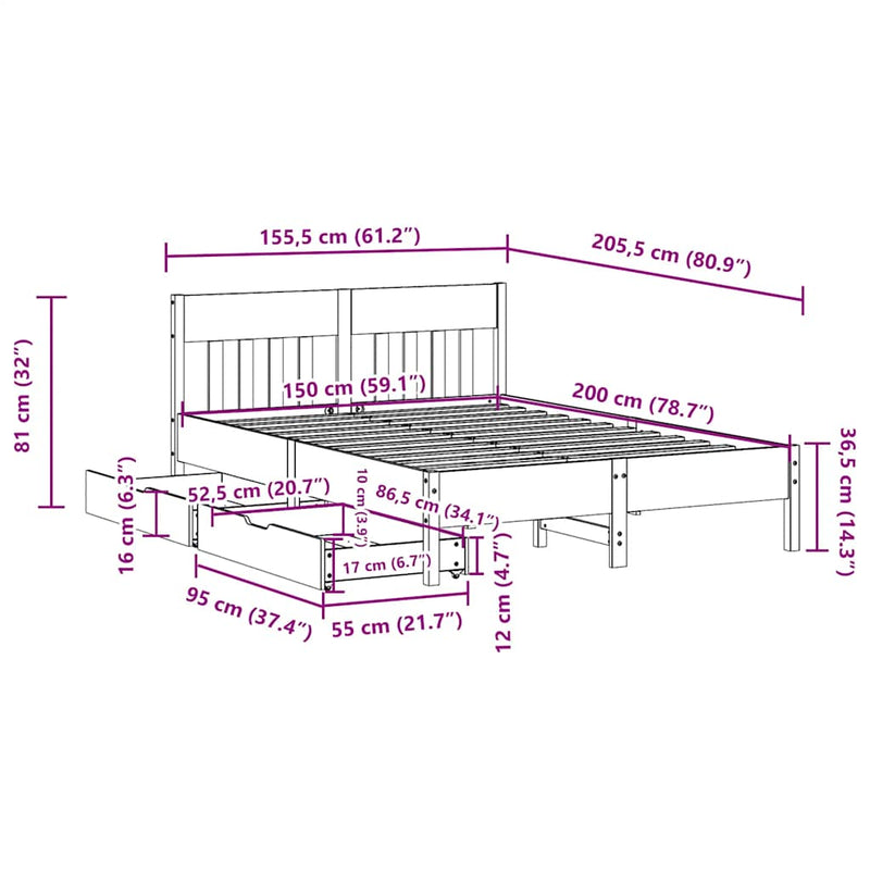 vidaXL tömör fenyőfa ágy matrac nélkül 150x200 cm