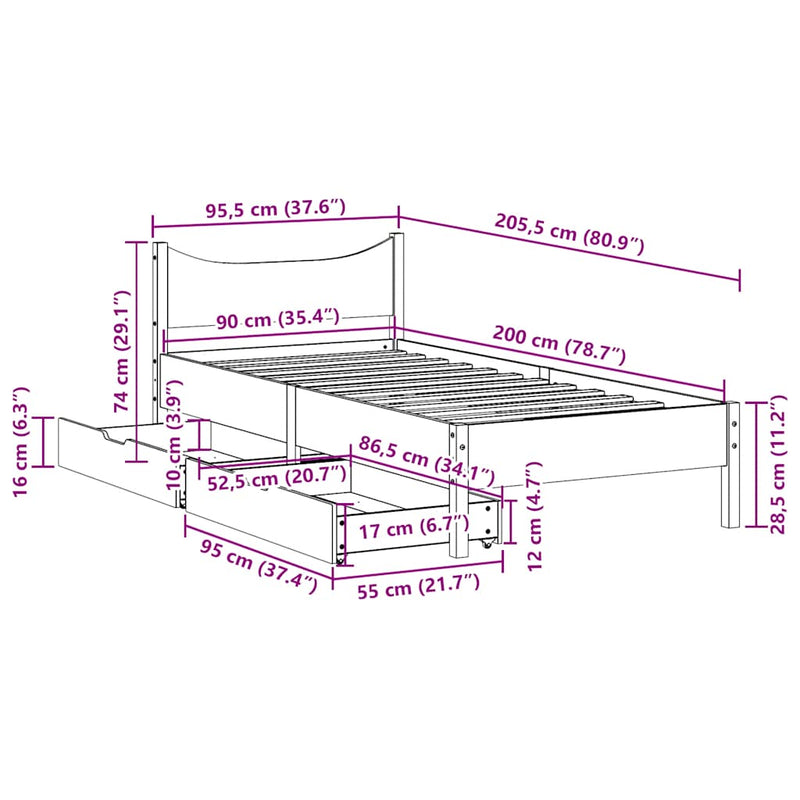vidaXL tömör fenyőfa ágykeret fiókokkal 90 x 200 cm