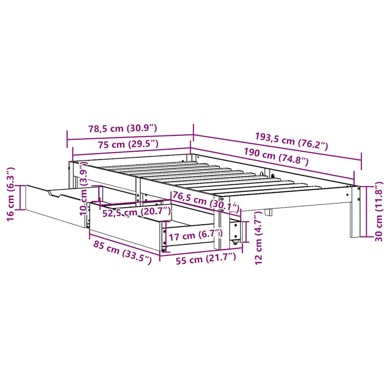 vidaXL tömör fenyőfa ágykeret fiókokkal 75 x 190 cm