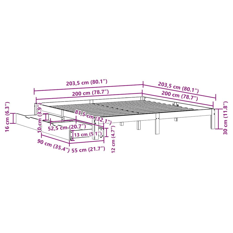 vidaXL fehér tömör fenyőfa ágykeret fiókokkal 200 x 200 cm