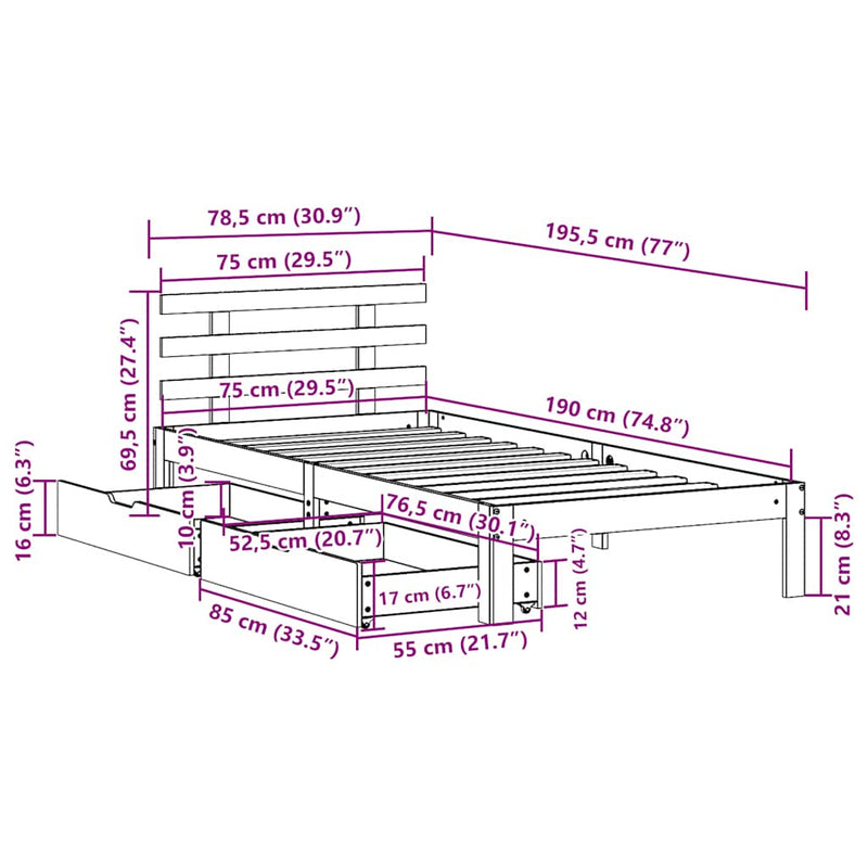vidaXL tömör fenyőfa ágykeret fiókokkal 75 x 190 cm