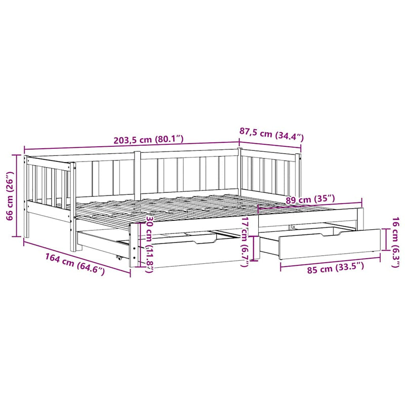 vidaXL kihúzható heverő fiókokkal matrac nélkül 80 x 200 cm