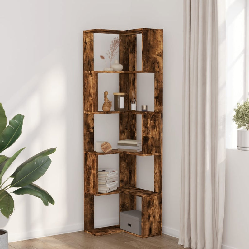 vidaXL 5 szintes füstös tölgy szerelt fa sarok könyvespolc 50x50x179cm