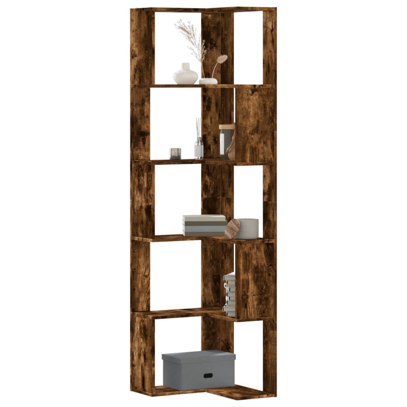 vidaXL 5 szintes füstös tölgy szerelt fa sarok könyvespolc 50x50x179cm