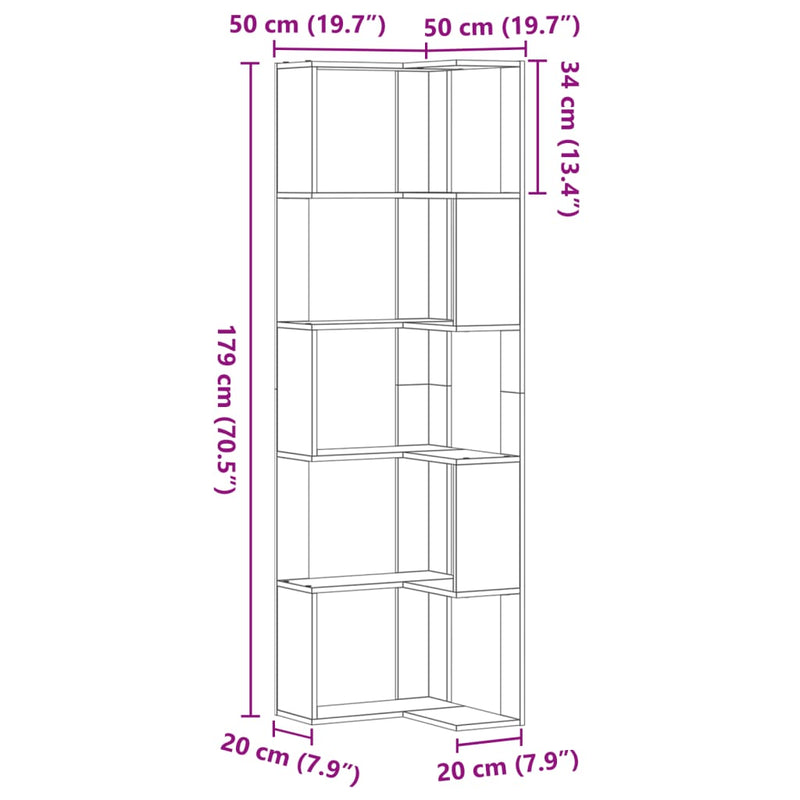 vidaXL 5 szintes barna tölgy szerelt fa sarok könyvespolc 50x50x179 cm
