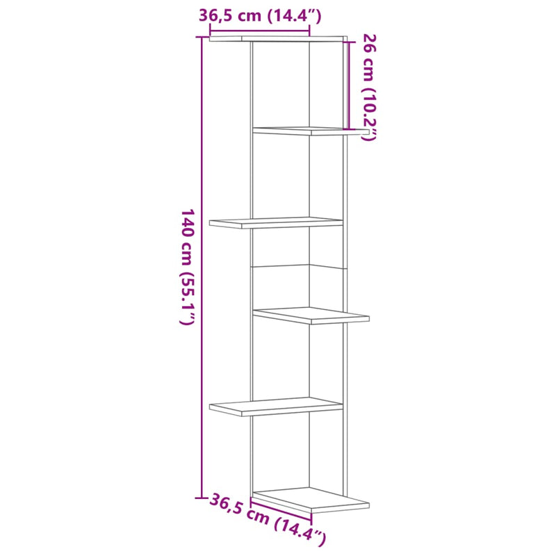 vidaXL sonoma tölgy szerelt fa fali sarokpolc 36,5 x 36,5 x 140 cm