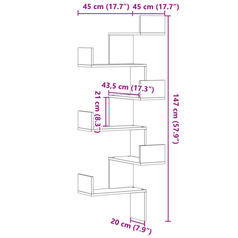 vidaXL betonszürke szerelt fa fali sarokpolc 45 x 45 x 147 cm