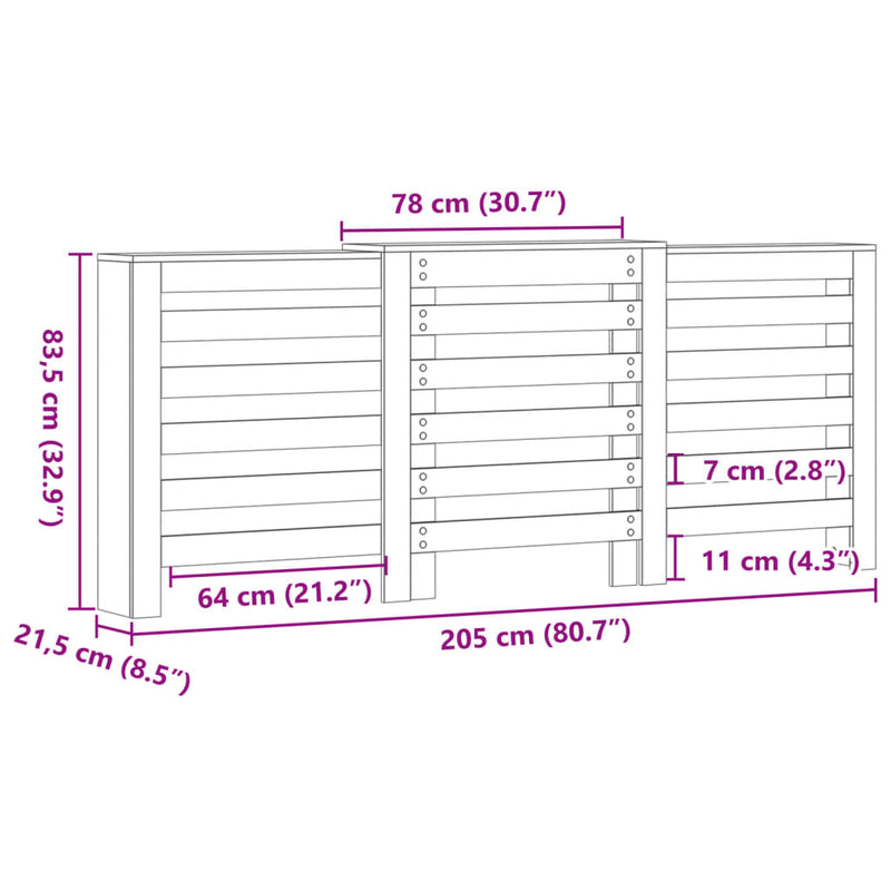 vidaXL füstös tölgy színű szerelt fa radiátorburkolat 205x21,5x83,5 cm