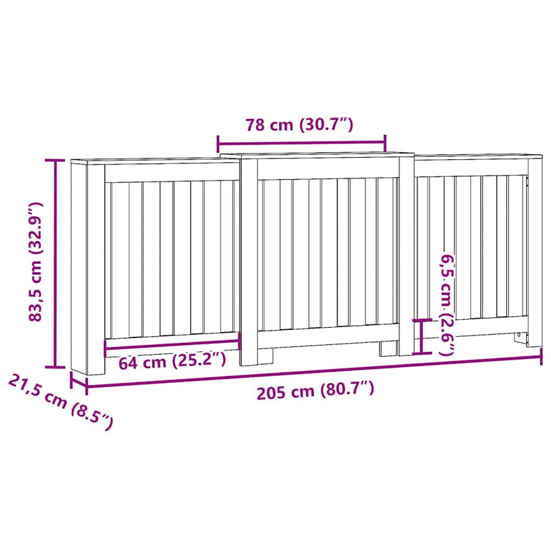 vidaXL kézműves tölgy szerelt fa radiátorburkolat 205 x 21,5 x 83,5 cm