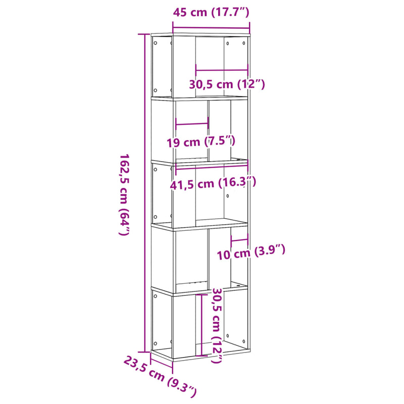 vidaXL 5 szintes barna tölgy szerelt fa könyvespolc 45x23,5x162,5 cm