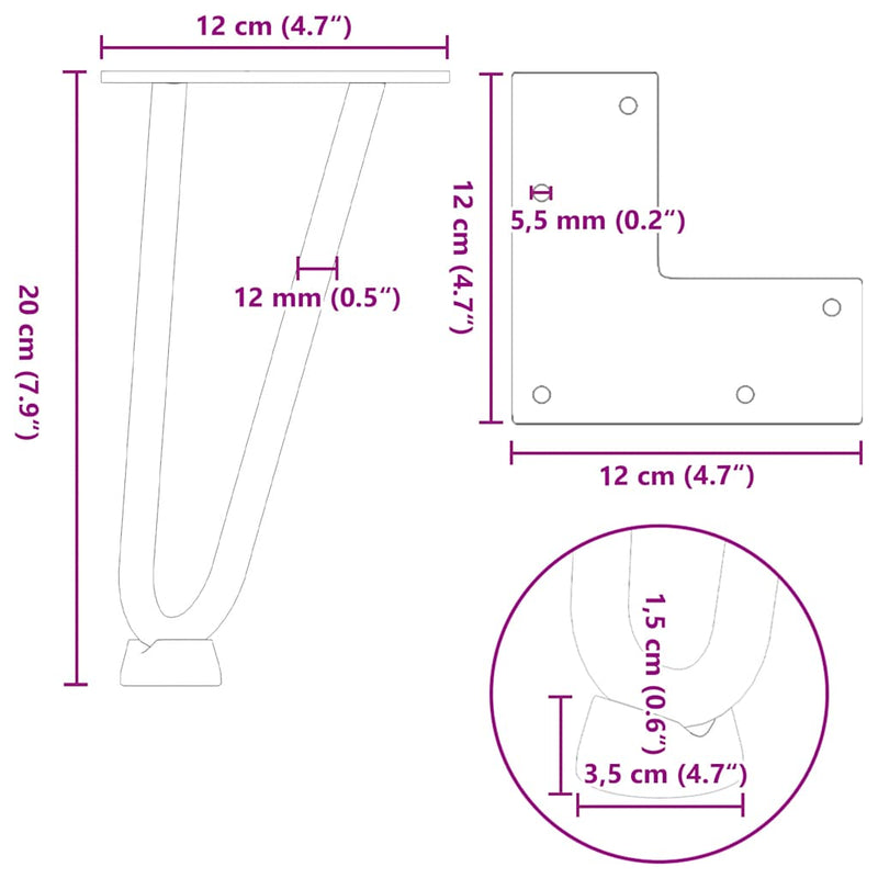 vidaXL 4 db fehér, tömör acél hajtűláb dohányzóasztalhoz 20 cm