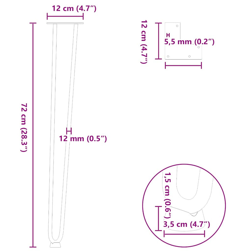 vidaXL 4 db-os hajtűlábak konzolasztalhoz, 72 cm, tömör acél, fekete