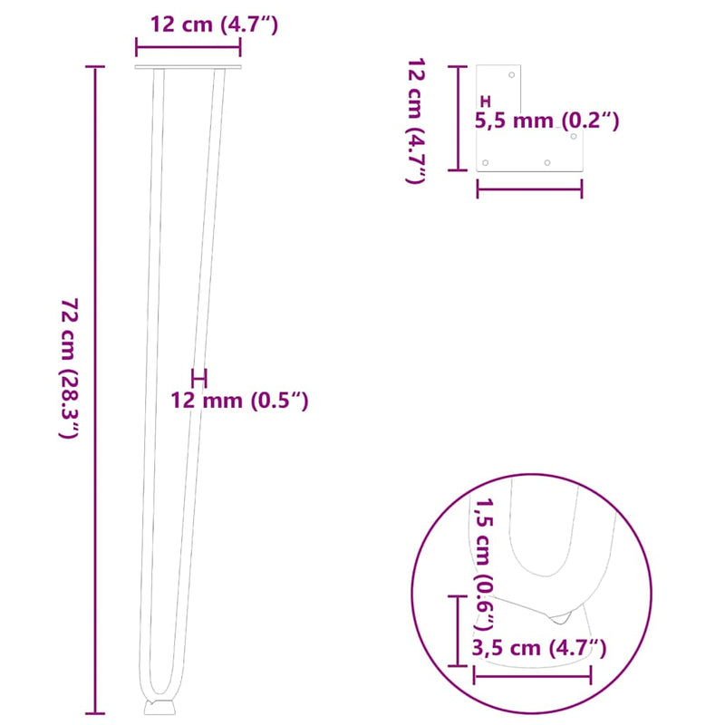 vidaXL 4 db-os antracit színű, 72 cm-es tömör acél hajtűlábak konzolasztalhoz