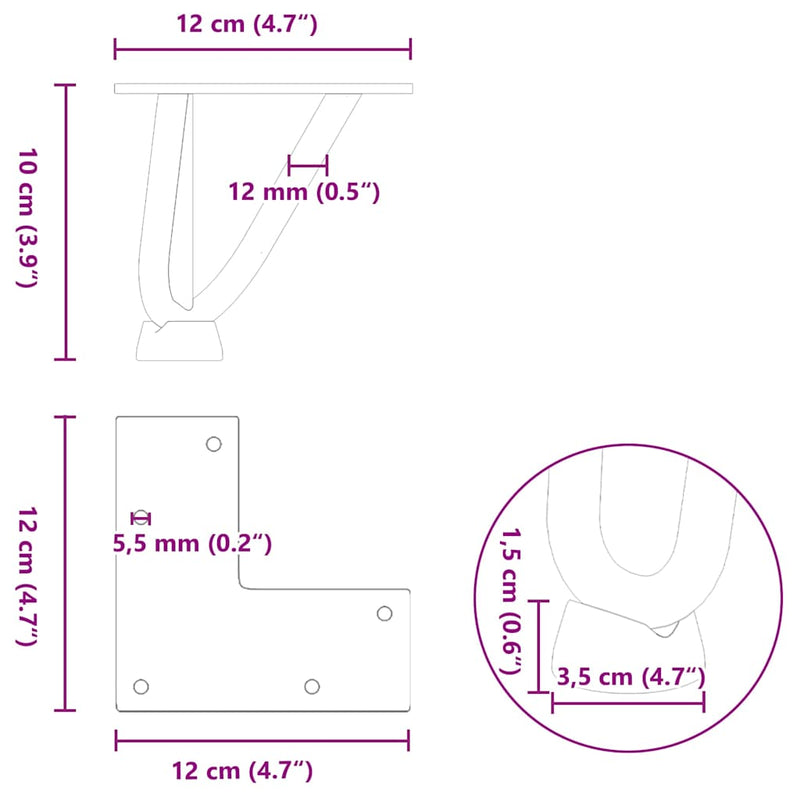vidaXL 4 db antracitszürke, tömör acél hajtűláb dohányzóasztalhoz 10 cm